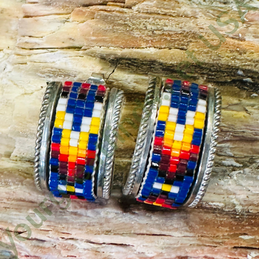 Vintage Southwestern Sterling Silver Beadwork Hoop Earrings