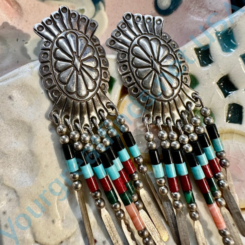 Vintage Southwestern Sterling Silver Concho Heishi Earrings