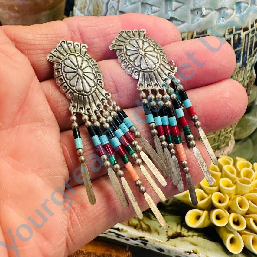 Vintage Southwestern Sterling Silver Concho Heishi Earrings