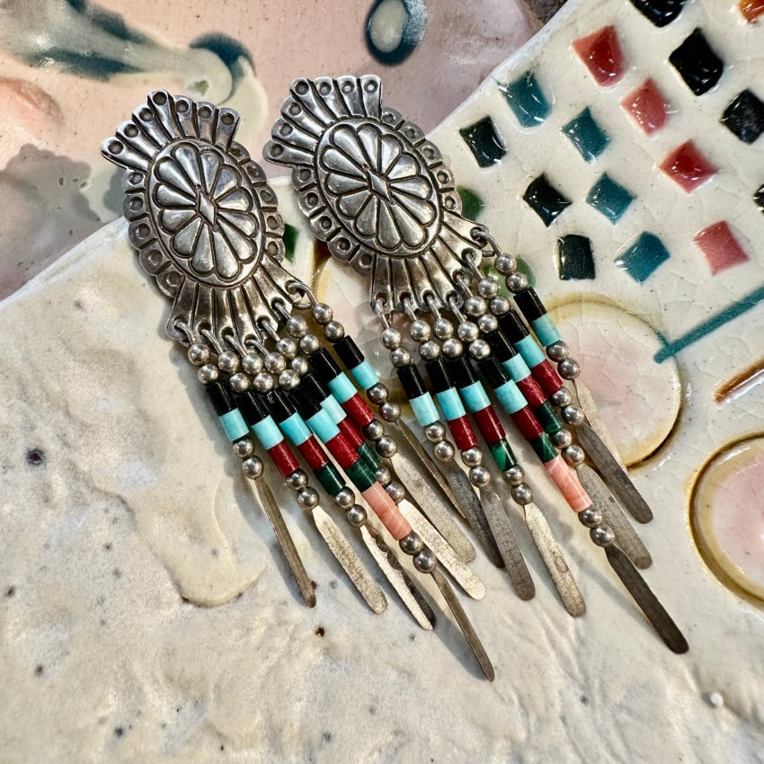 Vintage Southwestern Sterling Silver Concho Heishi Earrings