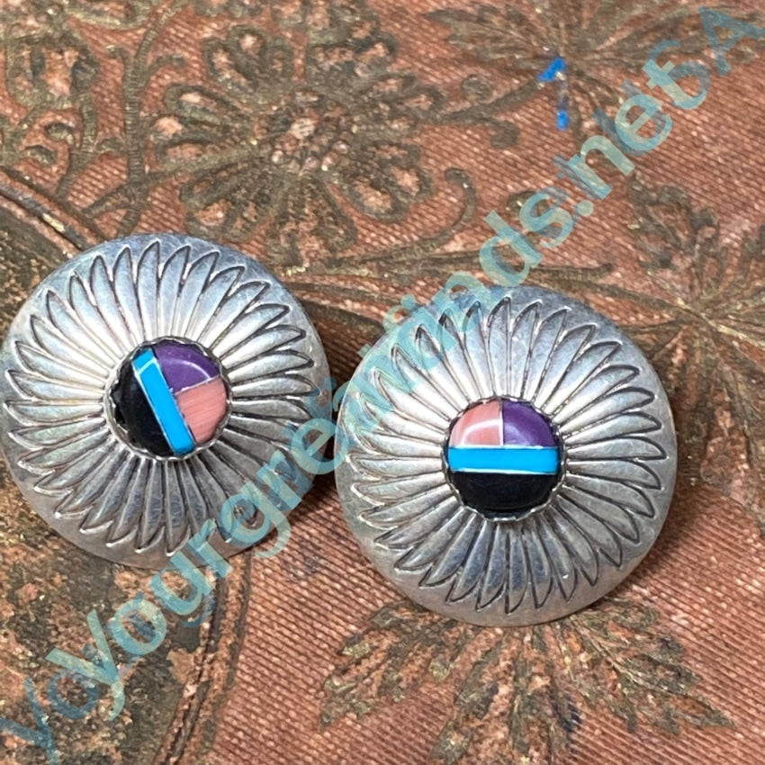 Vintage Southwestern Sterling Silver Concho Inlay Earrings Yourgreatfinds