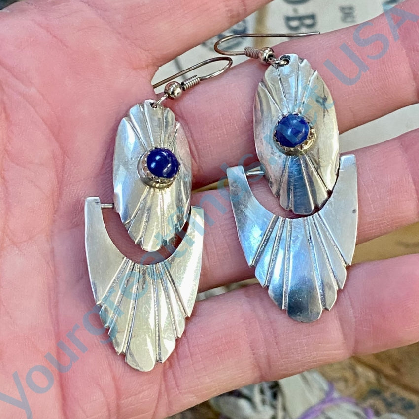 Vintage Southwestern Sterling Silver Fan Earrings Lapis