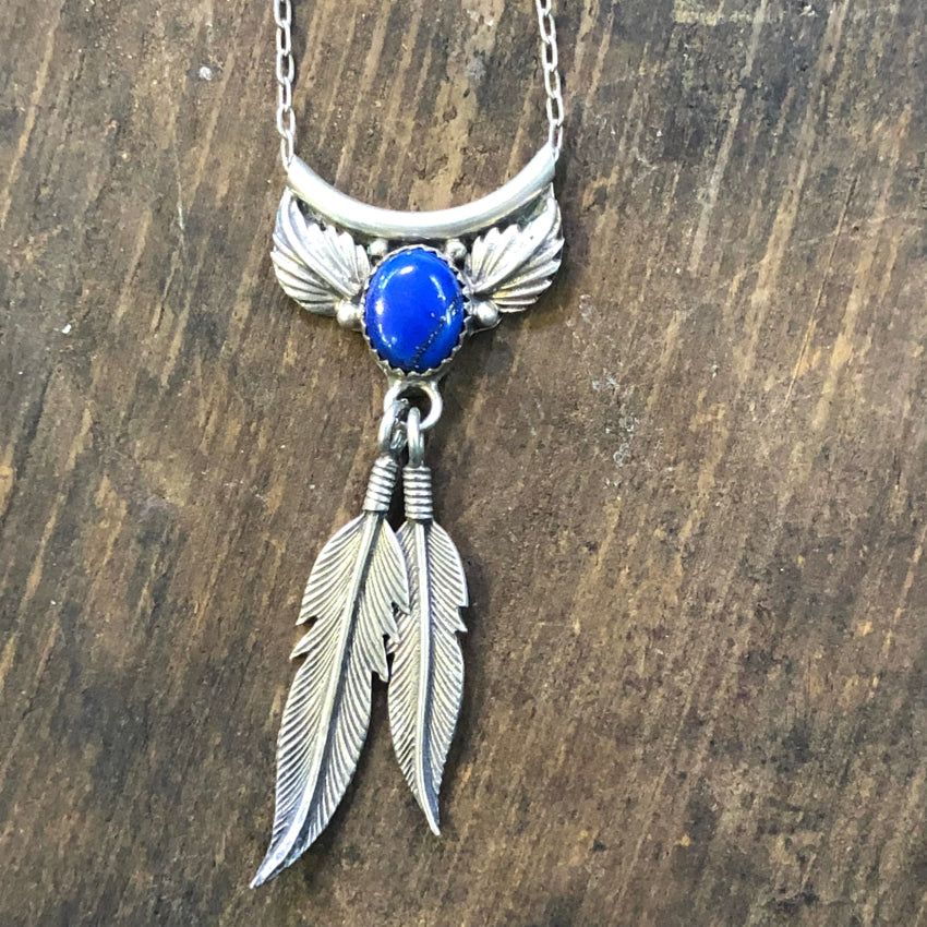 Vintage Southwestern Sterling Silver Four Feather Necklace Lapis Lazuli