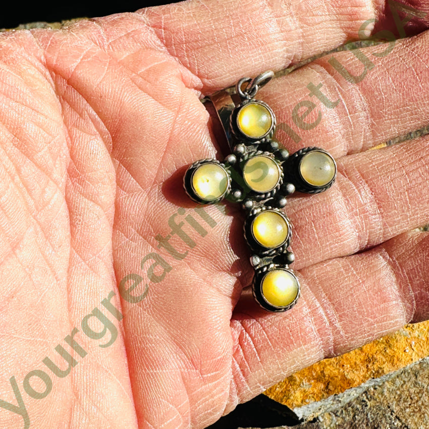 Vintage Southwestern Sterling Silver & Golden Mother-Of-Pearl Cross Pendant Pendant