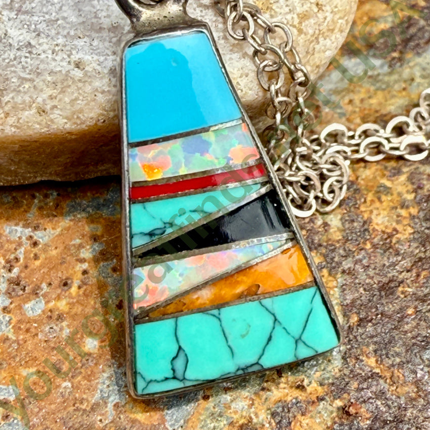 Vintage Southwestern Sterling Silver Opal Turquoise Necklace necklace