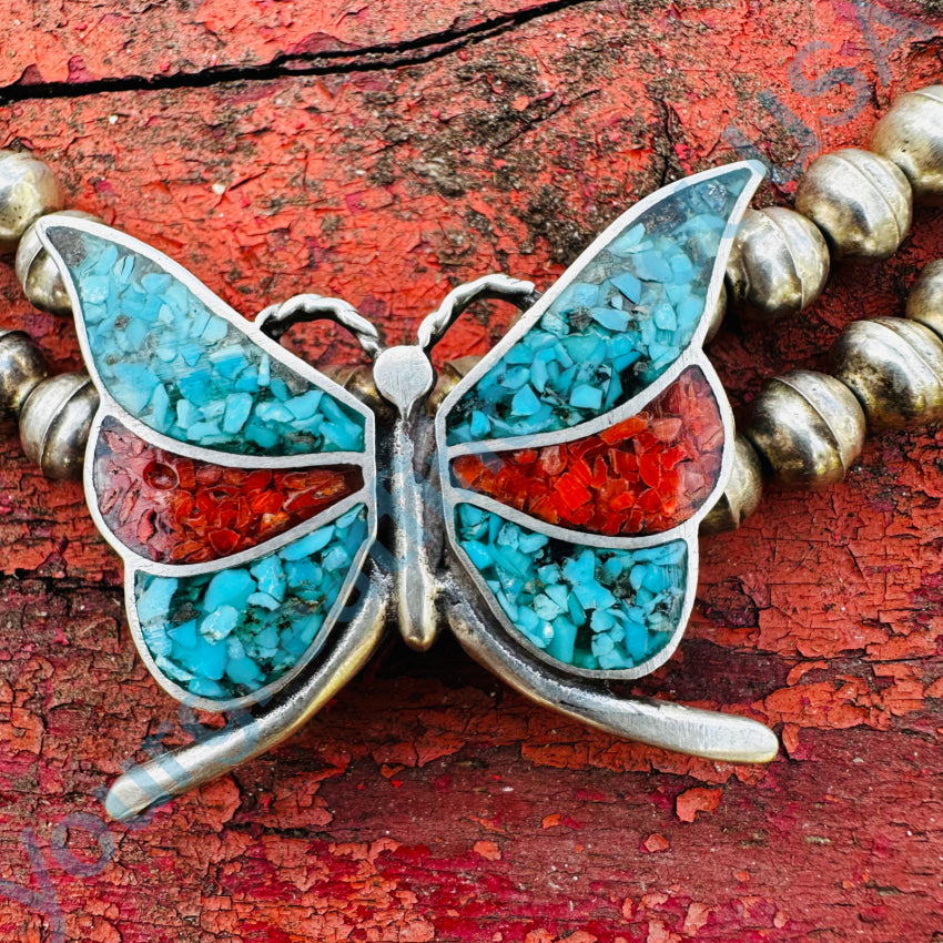 Vintage Southwestern Sterling Silver Shiprock Mosaic Butterfly Necklace Necklace