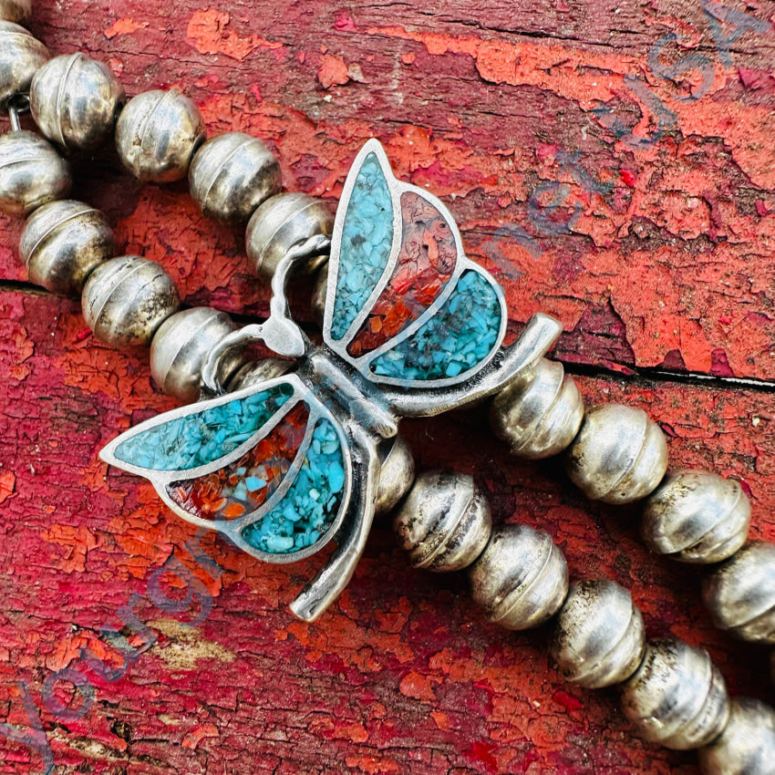 Vintage Southwestern Sterling Silver Shiprock Mosaic Butterfly Necklace Necklace