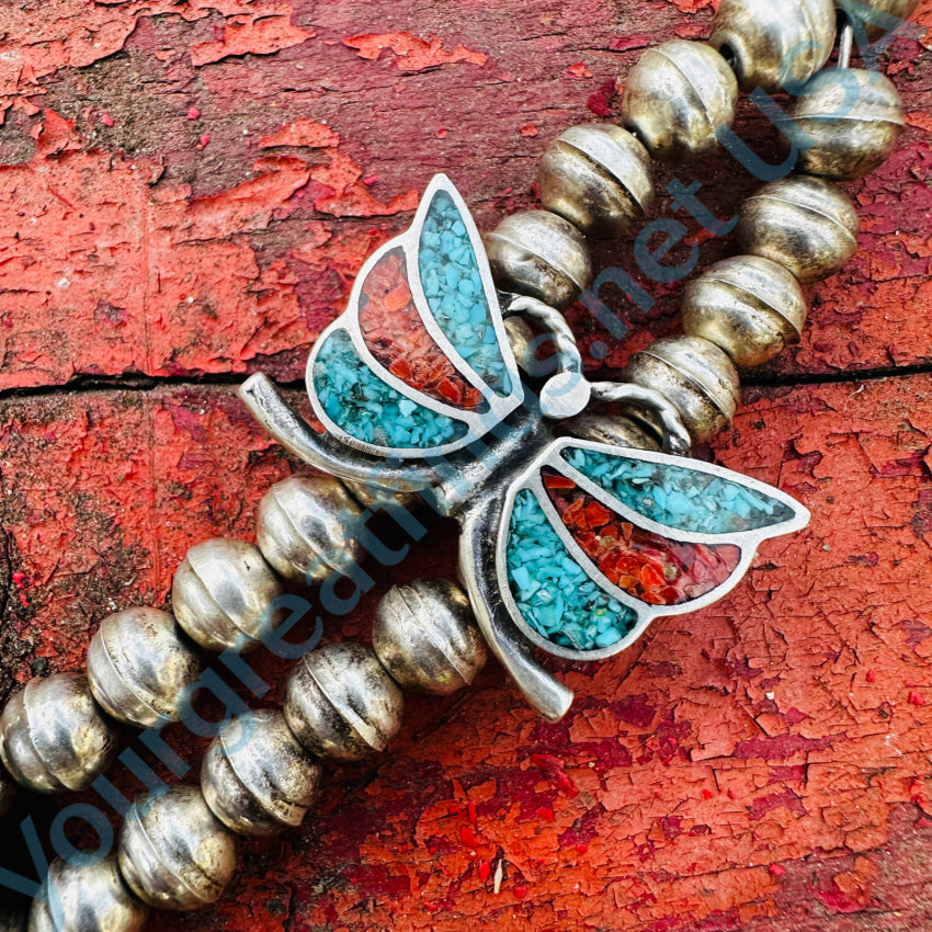 Vintage Southwestern Sterling Silver Shiprock Mosaic Butterfly Necklace Necklace