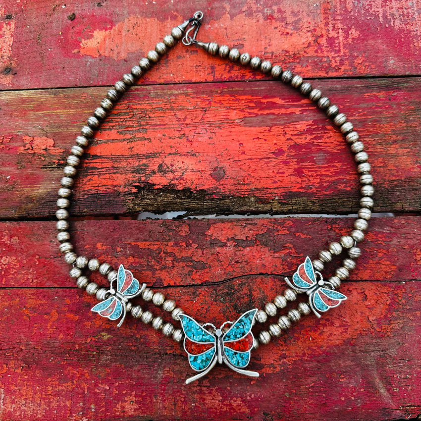 Vintage Southwestern Sterling Silver Shiprock Mosaic Butterfly Necklace Necklace