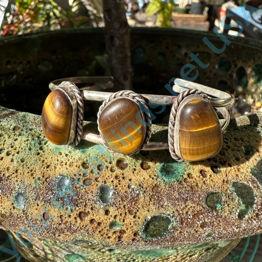 Vintage Southwestern Sterling Silver Tigers Eye Row Bracelet