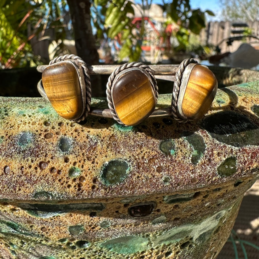 Vintage Southwestern Sterling Silver Tigers Eye Row Bracelet