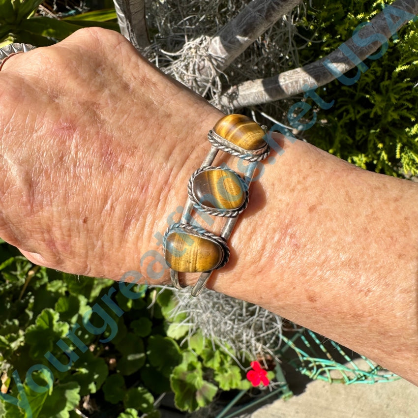 Vintage Southwestern Sterling Silver Tigers Eye Row Bracelet