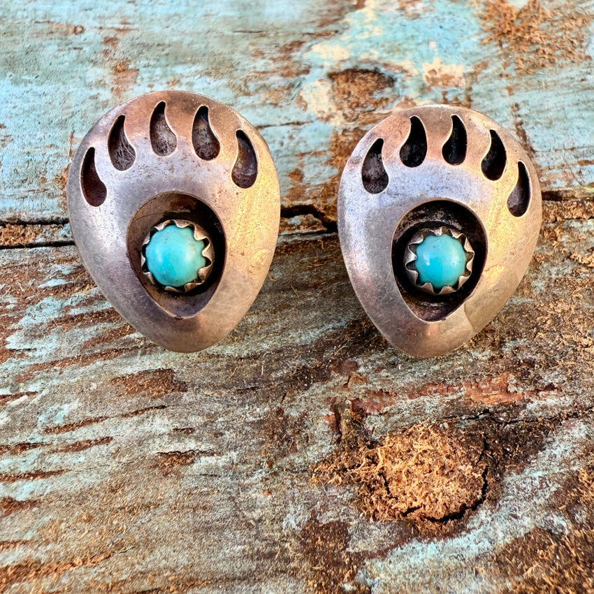 Vintage Southwestern Sterling Silver Turquoise Bear Track Pierced Post Earrings earrings