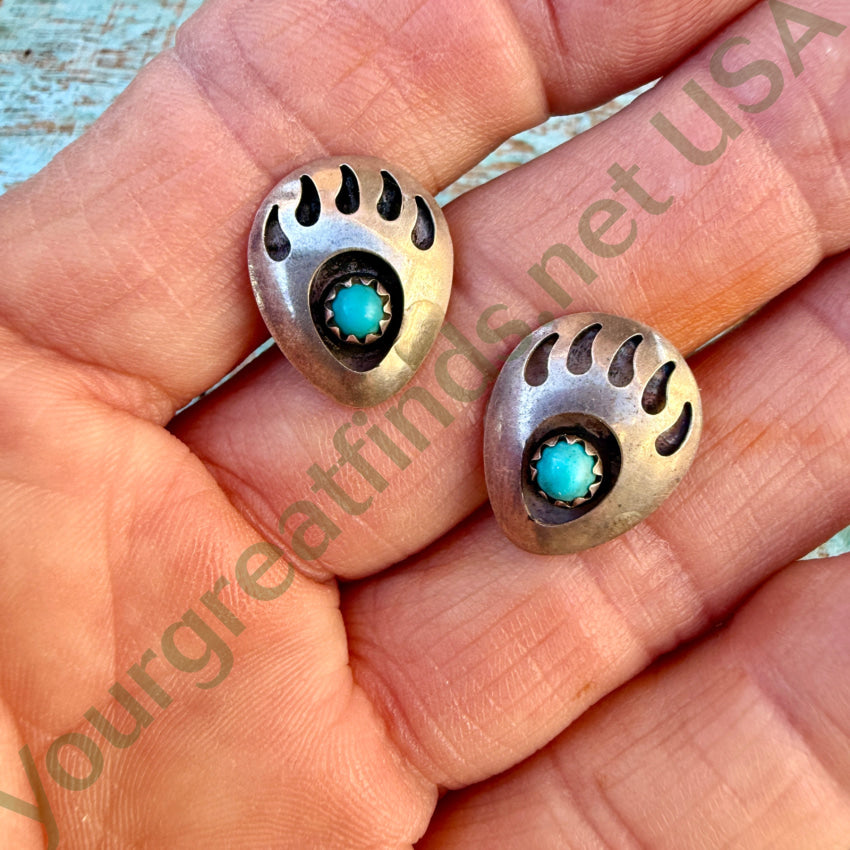 Vintage Southwestern Sterling Silver Turquoise Bear Track Pierced Post Earrings earrings