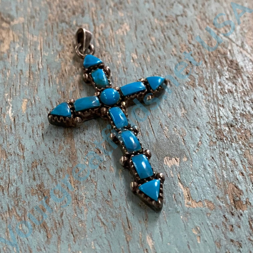 Vintage Southwestern Sterling Silver Turquoise Cross Pendant Jewelry