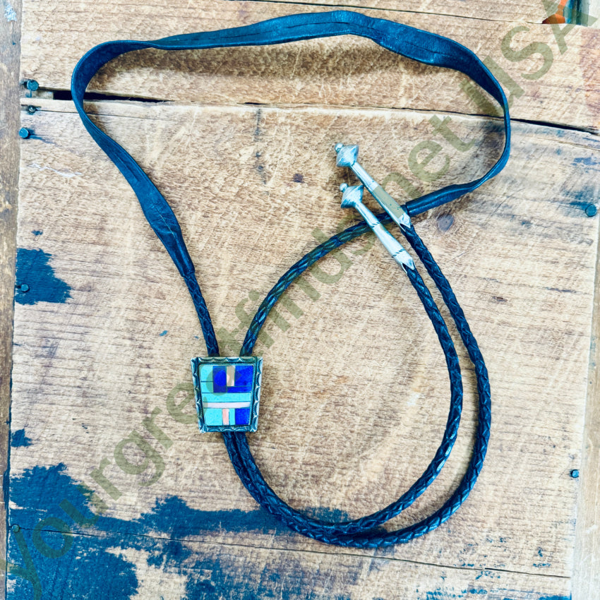 Vintage Southwestern Sterling Silver Turquoise Inlay Bolo Tie bolo tie