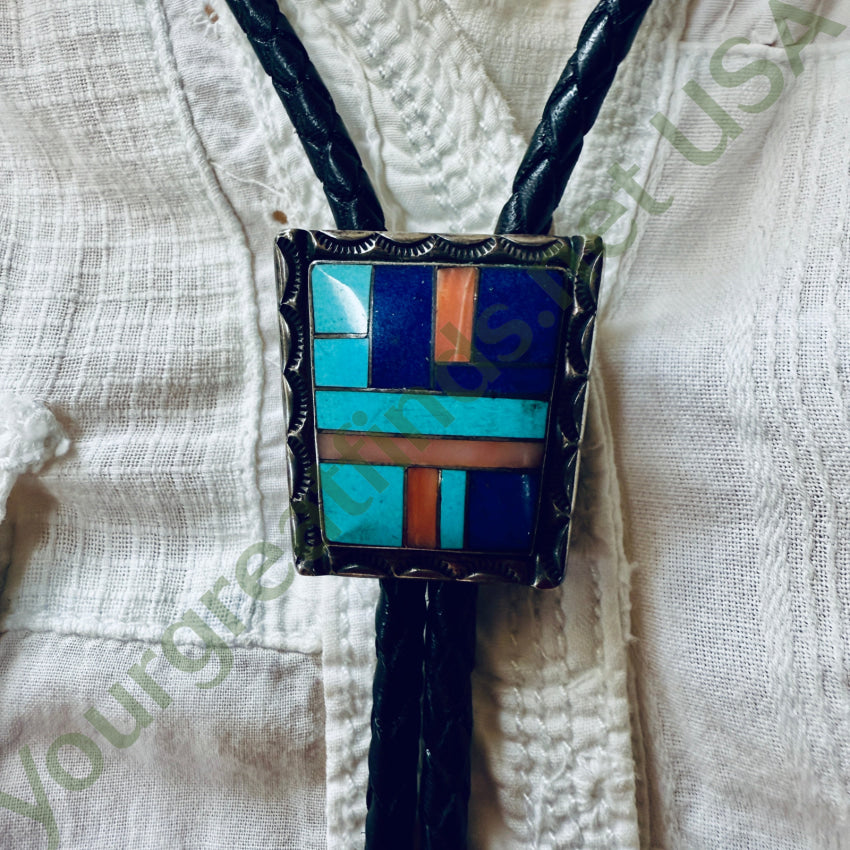 Vintage Southwestern Sterling Silver Turquoise Inlay Bolo Tie bolo tie