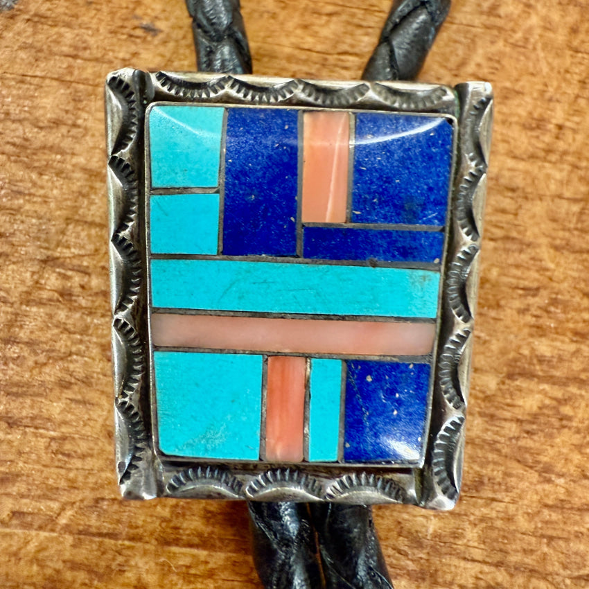 Vintage Southwestern Sterling Silver Turquoise Inlay Bolo Tie bolo tie
