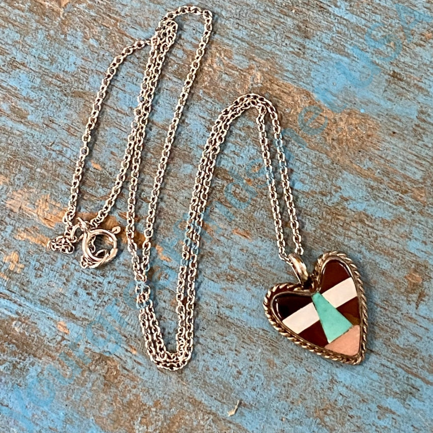 Vintage Southwestern Sterling Silver Turquoise Inlay Heart Necklace