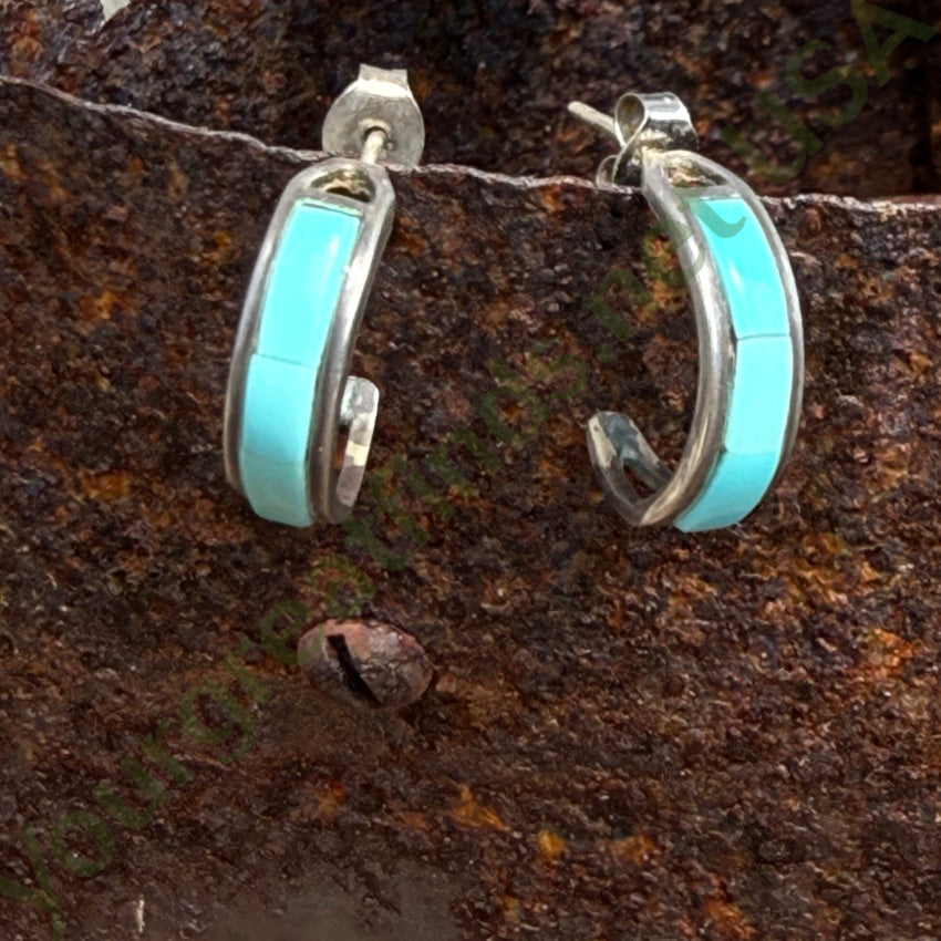 Vintage Southwestern Sterling Silver & Turquoise Inlay Hoop Pierced Earrings earrings