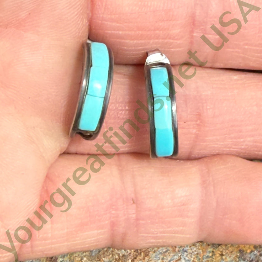 Vintage Southwestern Sterling Silver & Turquoise Inlay Hoop Pierced Earrings earrings