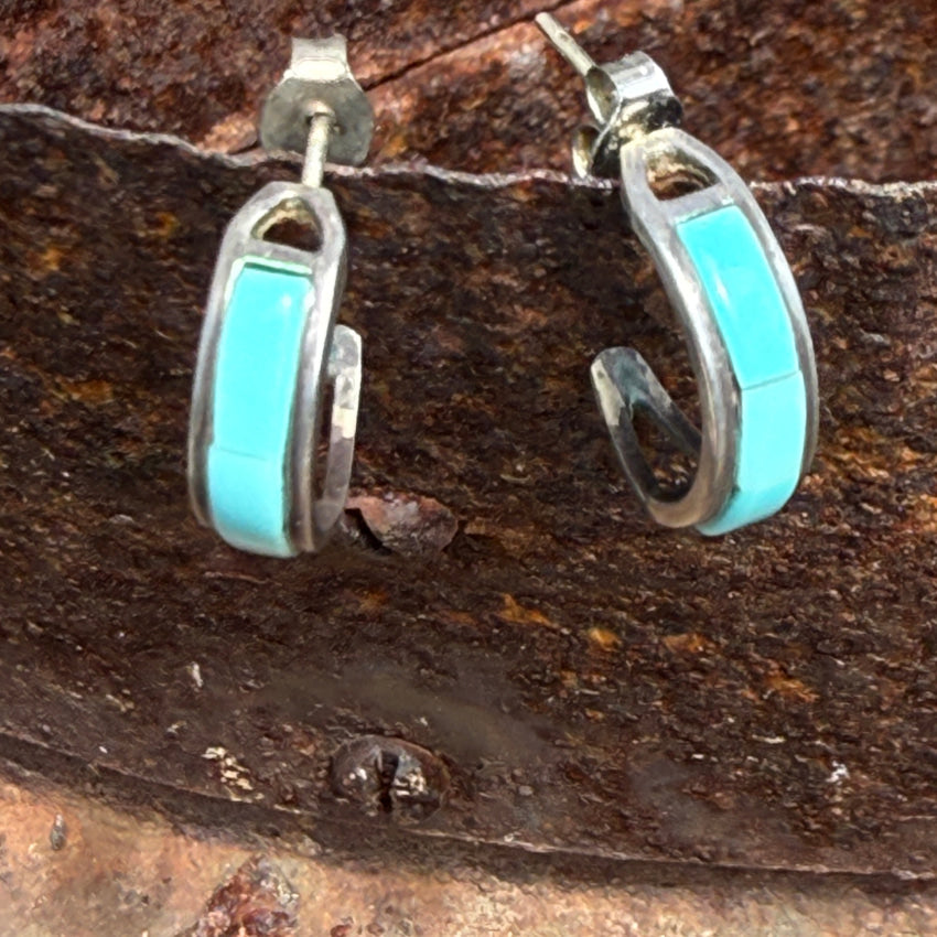 Vintage Southwestern Sterling Silver & Turquoise Inlay Hoop Pierced Earrings earrings