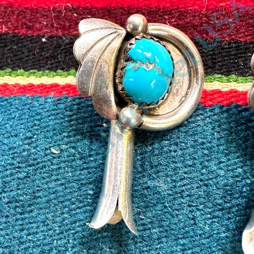 Vintage Southwestern Sterling Silver Turquoise Squash Blossom Pierced Earrings