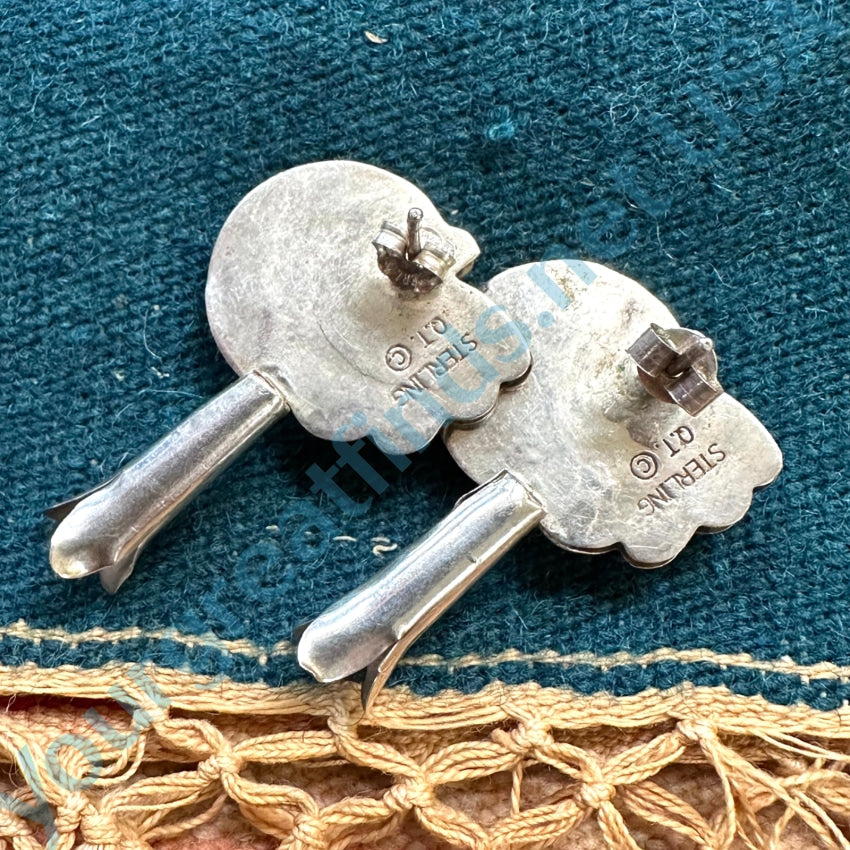 Vintage Southwestern Sterling Silver Turquoise Squash Blossom Pierced Earrings