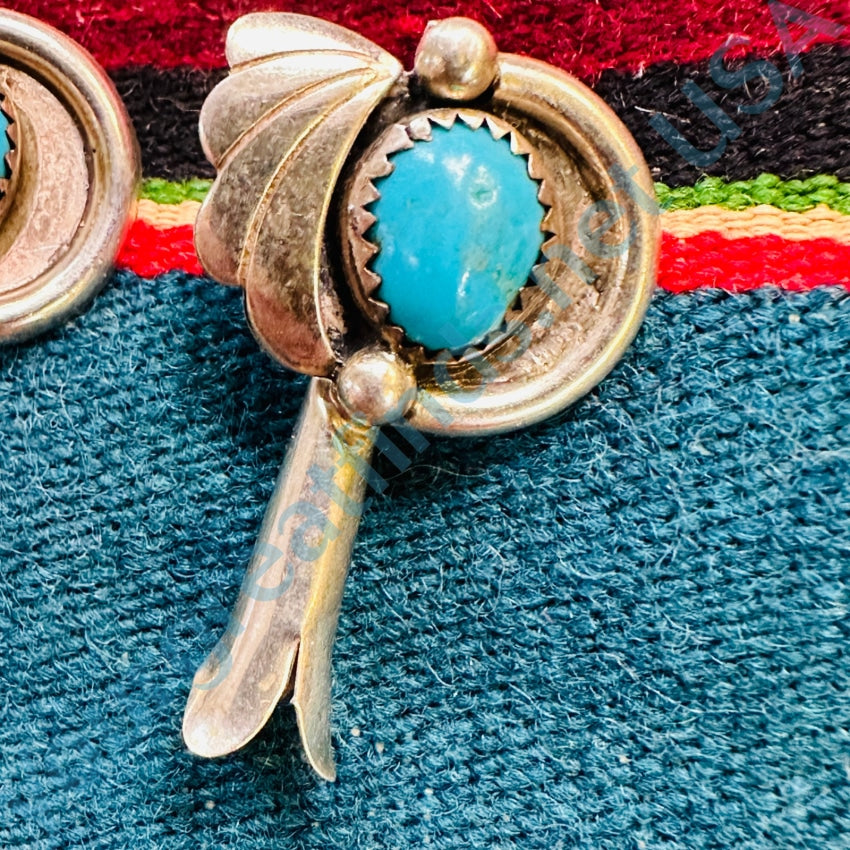 Vintage Southwestern Sterling Silver Turquoise Squash Blossom Pierced Earrings