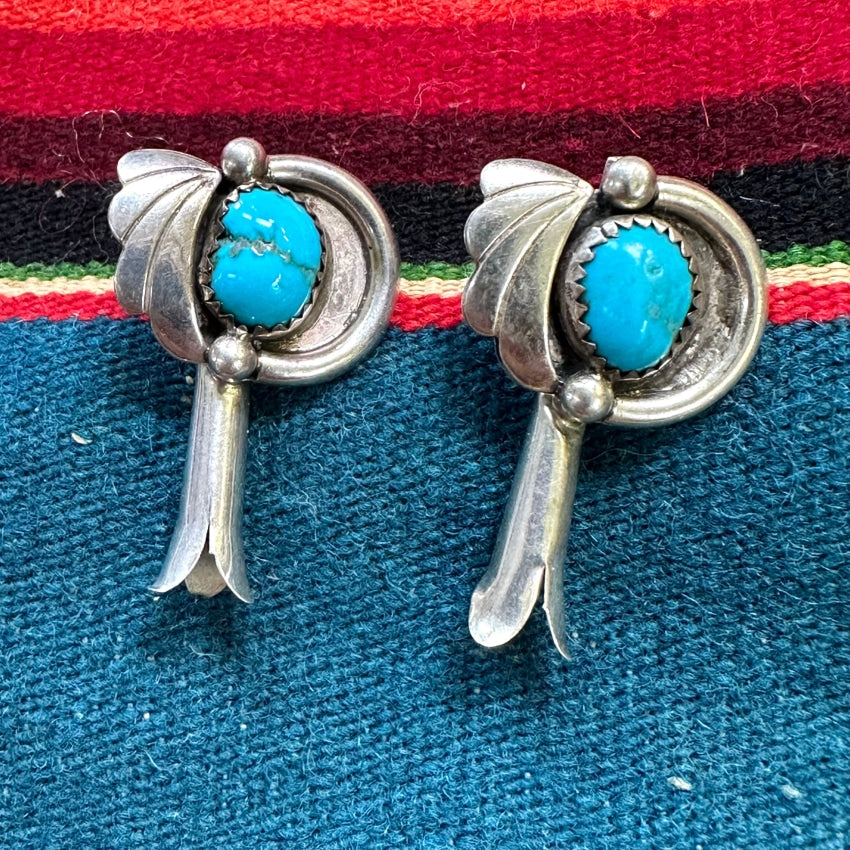 Vintage Southwestern Sterling Silver Turquoise Squash Blossom Pierced Earrings