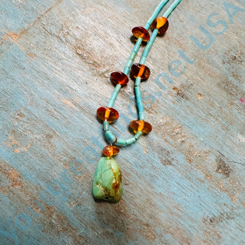 Vintage Southwestern Turquoise And Amber Beaded Necklace