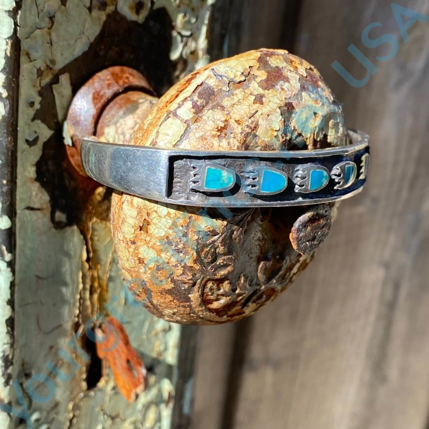 Vintage Southwestern Turquoise Bear Track Cuff Bracelet 925