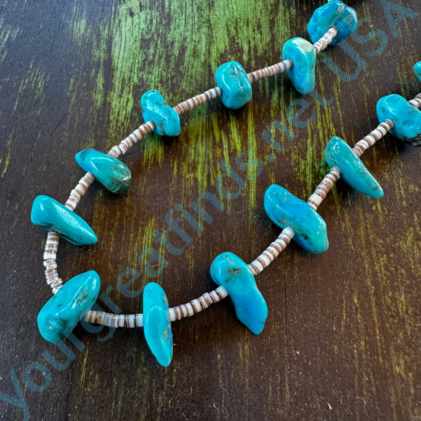 Vintage Southwestern White Heishi & Turquoise Nugget Bead Necklace Necklace