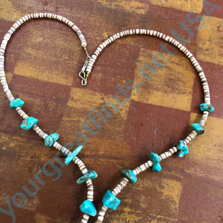 Vintage Southwestern White Heishi & Turquoise Nugget Bead Necklace Necklace