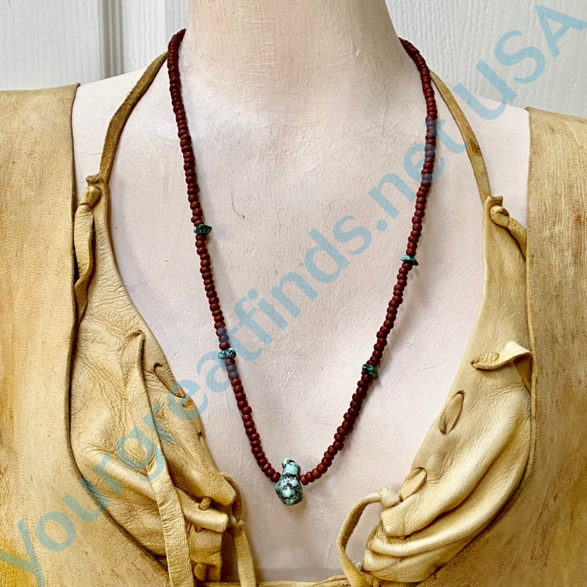 Vintage Spider Web Turquoise Red Glass Bead Necklace