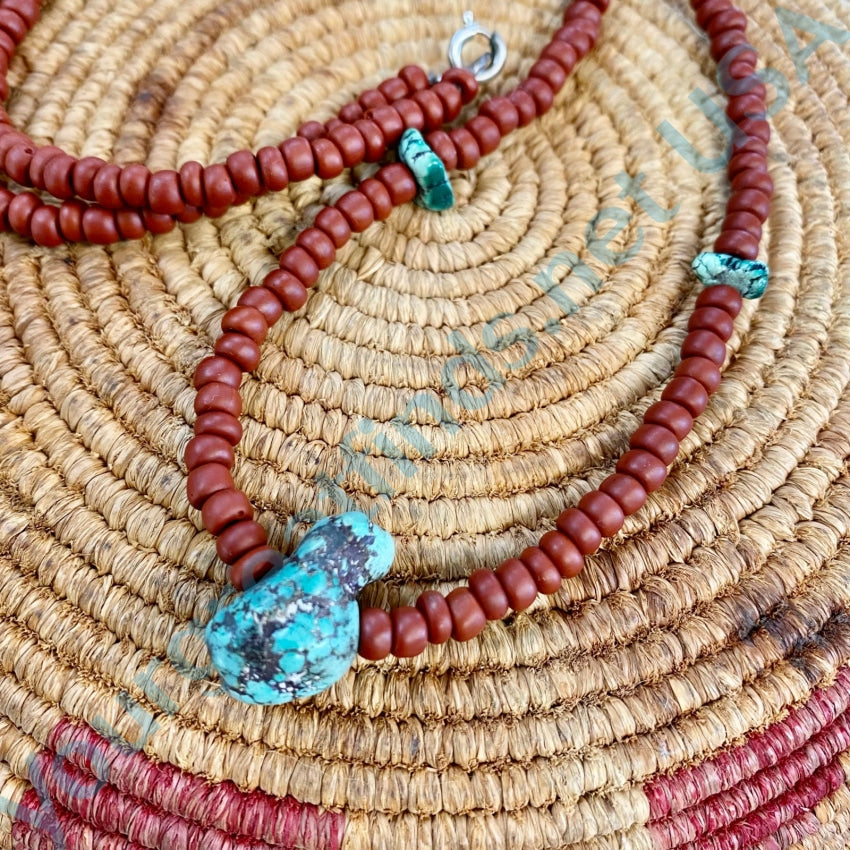 Vintage Spider Web Turquoise Red Glass Bead Necklace