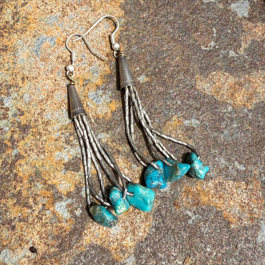 Vintage Sterling ’Liquid’ Silver Turquoise Nugget Pierced Earrings earrings