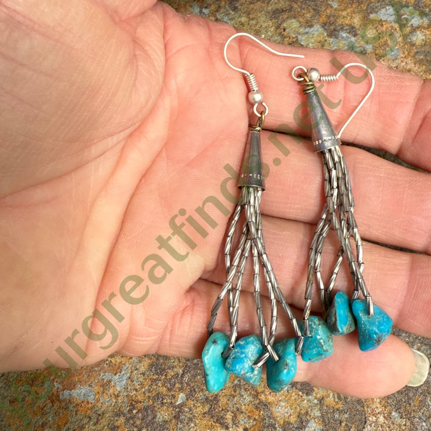 Vintage Sterling ’Liquid’ Silver Turquoise Nugget Pierced Earrings earrings
