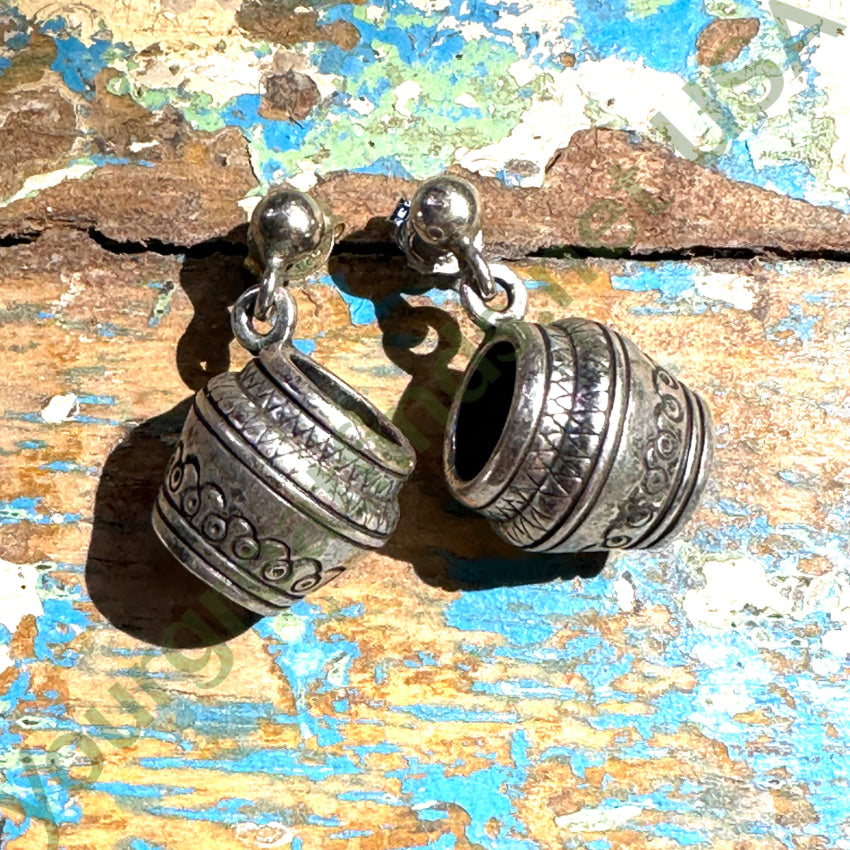 Vintage Sterling Silver 3-D Decorated Pots Pierced Earrings