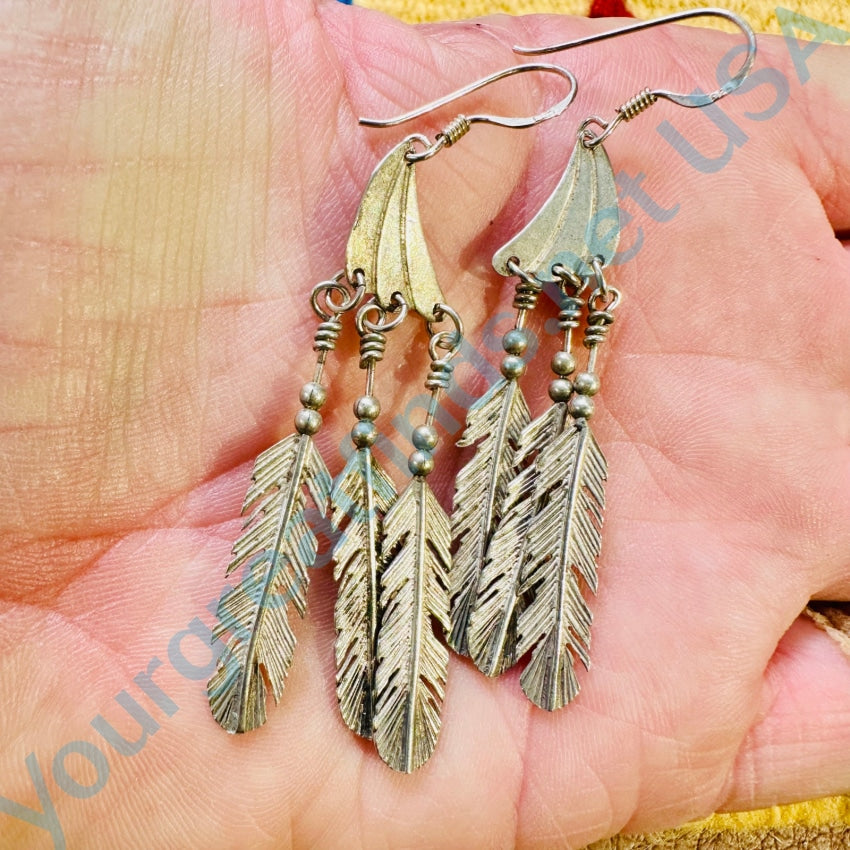 Vintage Sterling Silver 3 Feather Pierced Earrings Southwestern