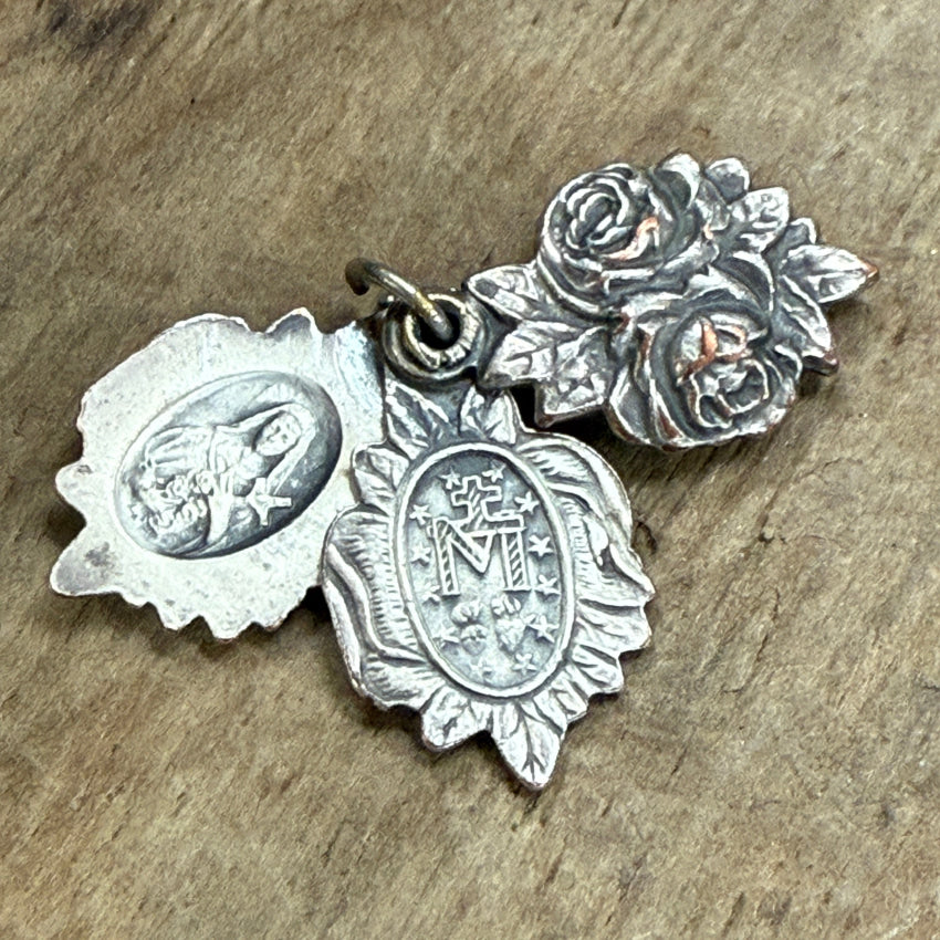 Vintage Sterling Silver 3 Piece Roses Mary Jesus Pendant Devotional pendant