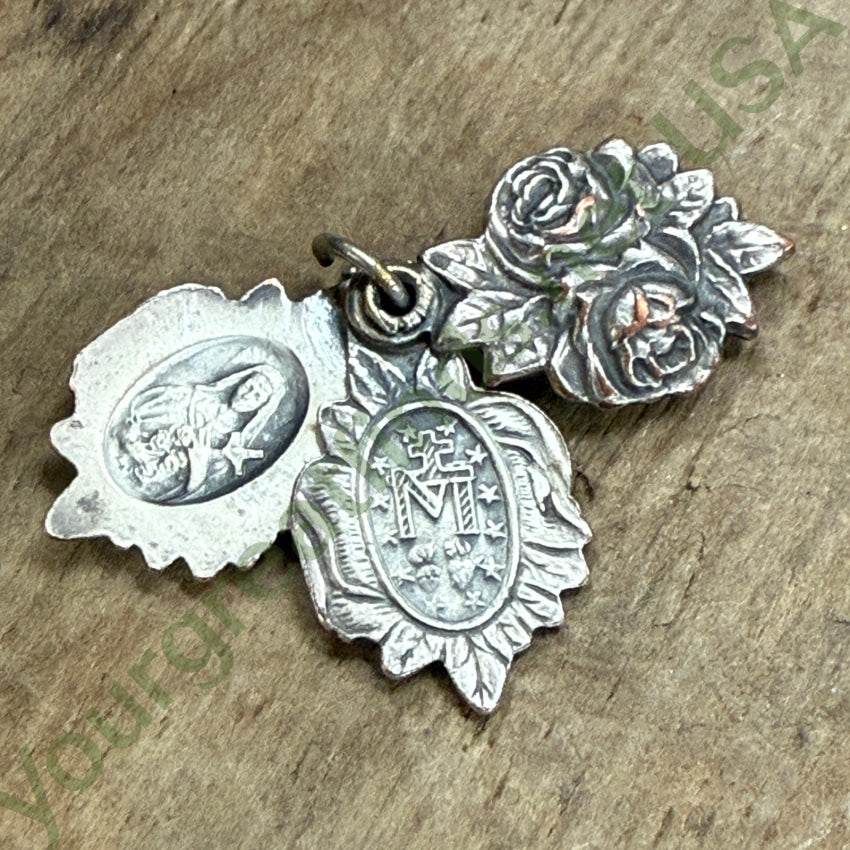 Vintage Sterling Silver 3 Piece Roses Mary Jesus Pendant Devotional pendant