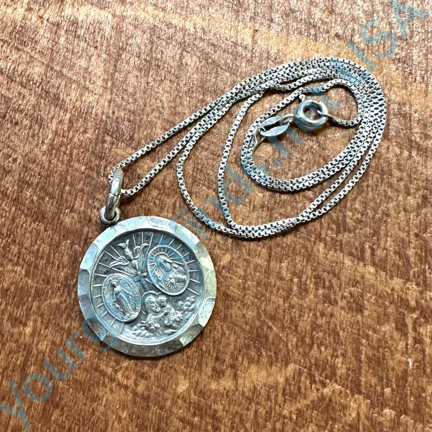 Vintage Sterling Silver 4 Way Catholic Devotional Medallion Necklace
