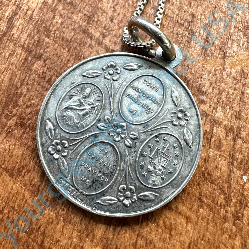 Vintage Sterling Silver 4 Way Catholic Devotional Medallion Necklace