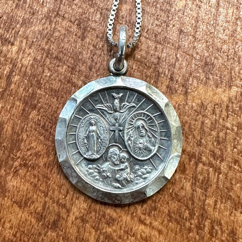 Vintage Sterling Silver 4 Way Catholic Devotional Medallion Necklace