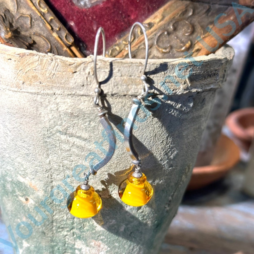 Vintage Sterling Silver Amber Glass Bead Earrings