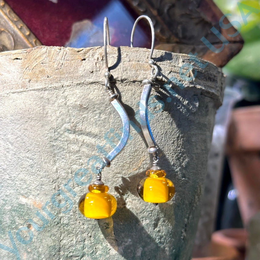 Vintage Sterling Silver Amber Glass Bead Earrings