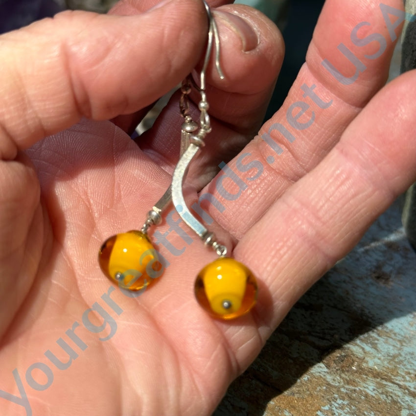 Vintage Sterling Silver Amber Glass Bead Earrings