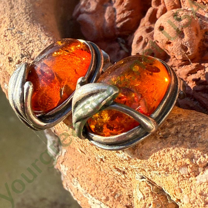 Vintage Sterling Silver Amber Pierced Post Earrings with Leaves earrings