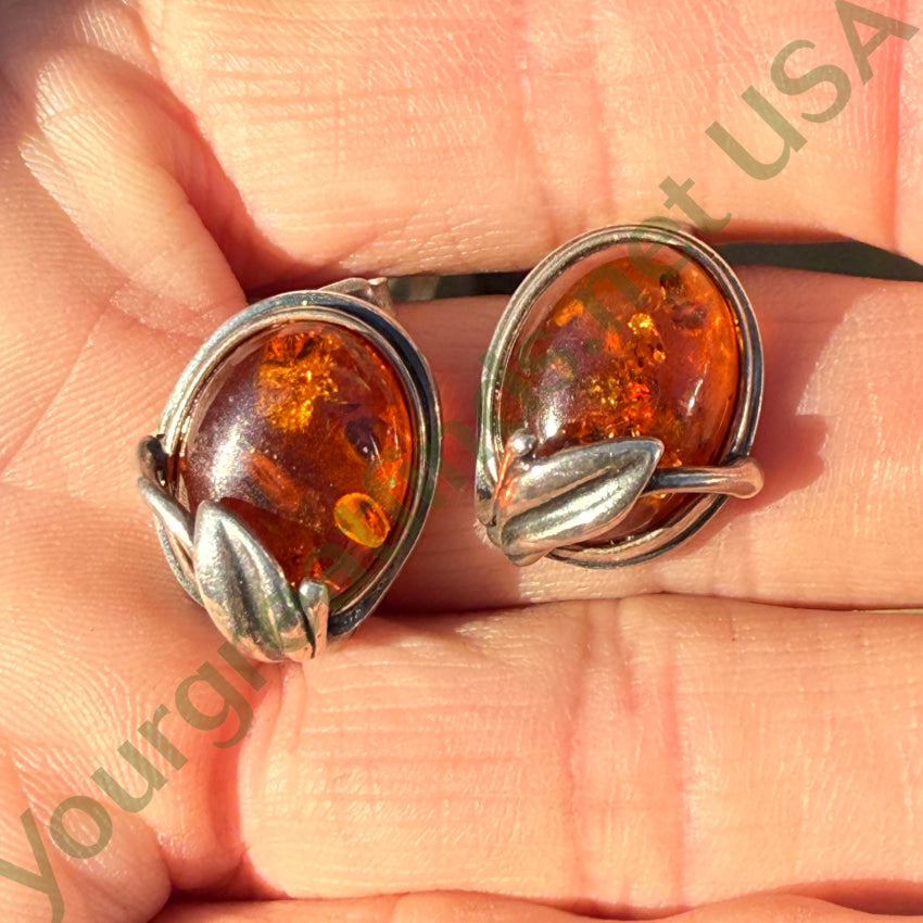 Vintage Sterling Silver Amber Pierced Post Earrings with Leaves earrings